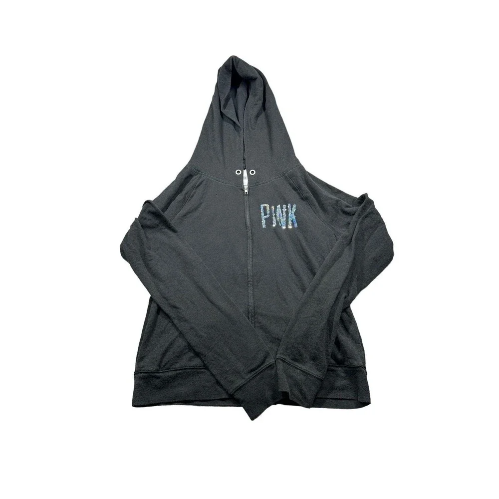 Victoria’s‎ Secret Pink Black Sequin Bling P Logo Full Zip Hoodie L